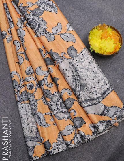 Semi tussar saree pale orange and grey with kalamkari prints & french knot work and printed border - {{ collection.title }} by Prashanti Sarees