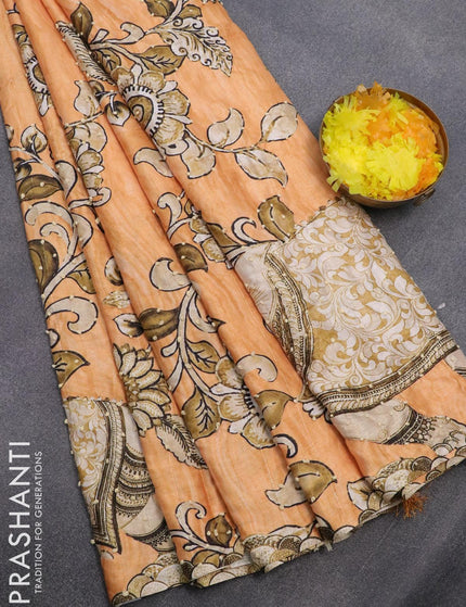 Semi tussar saree pale orange with kalamkari prints & french knot work and printed border - {{ collection.title }} by Prashanti Sarees