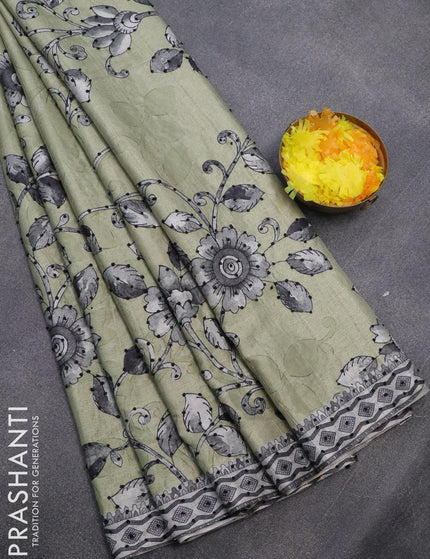 Semi tussar saree pastel green and grey with kalamkari prints & french knot work and printed border - {{ collection.title }} by Prashanti Sarees