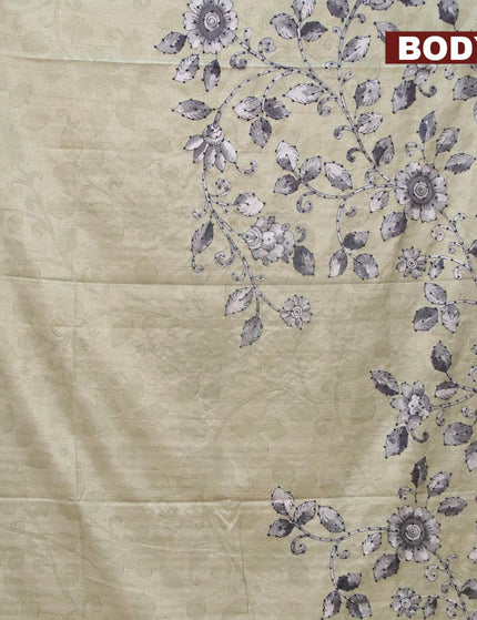 Semi tussar saree pastel green and grey with kalamkari prints & french knot work and printed border - {{ collection.title }} by Prashanti Sarees