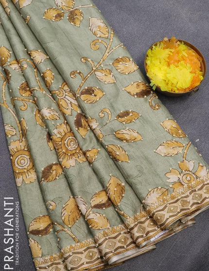 Semi tussar saree pastel green and sandal with kalamkari prints & french knot work and printed border - {{ collection.title }} by Prashanti Sarees