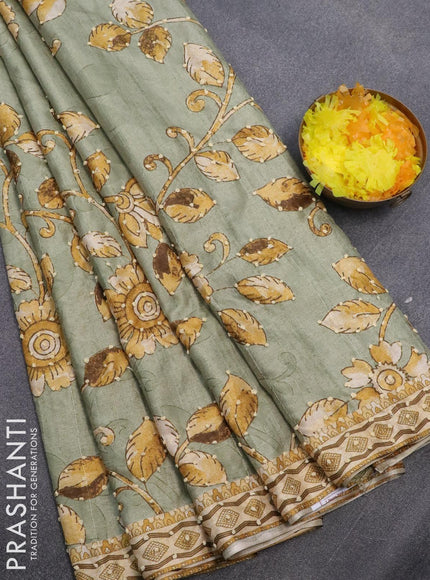 Semi tussar saree pastel green and sandal with kalamkari prints & french knot work and printed border - {{ collection.title }} by Prashanti Sarees