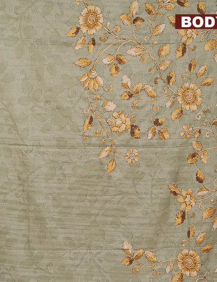 Semi tussar saree pastel green and sandal with kalamkari prints & french knot work and printed border - {{ collection.title }} by Prashanti Sarees