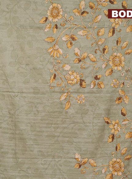 Semi tussar saree pastel green and sandal with kalamkari prints & french knot work and printed border - {{ collection.title }} by Prashanti Sarees