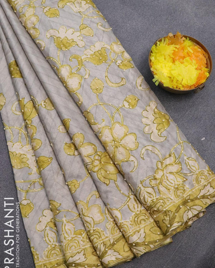 Semi tussar saree pastel grey and lime green with kalamkari prints & french knot work and printed border - {{ collection.title }} by Prashanti Sarees