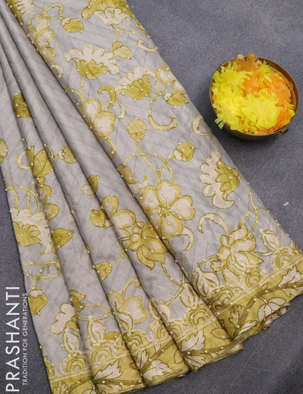 Semi tussar saree pastel grey and lime green with kalamkari prints & french knot work and printed border - {{ collection.title }} by Prashanti Sarees