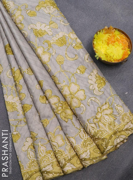 Semi tussar saree pastel grey and lime green with kalamkari prints & french knot work and printed border - {{ collection.title }} by Prashanti Sarees