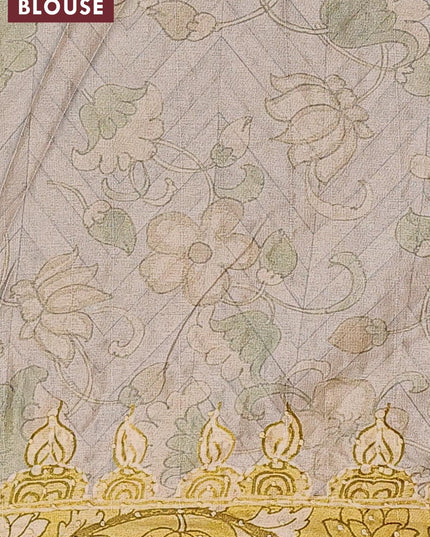 Semi tussar saree pastel grey and lime green with kalamkari prints & french knot work and printed border - {{ collection.title }} by Prashanti Sarees