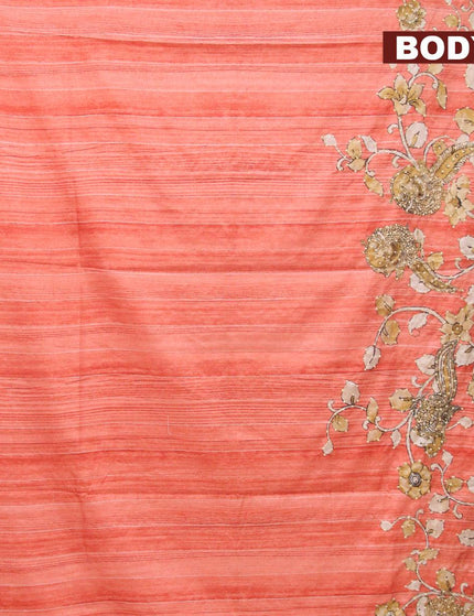 Semi tussar saree peach orange and elaichi green with kalamkari prints & french knot work and simple border - {{ collection.title }} by Prashanti Sarees