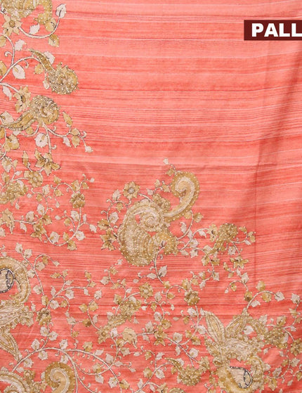 Semi tussar saree peach orange and elaichi green with kalamkari prints & french knot work and simple border - {{ collection.title }} by Prashanti Sarees