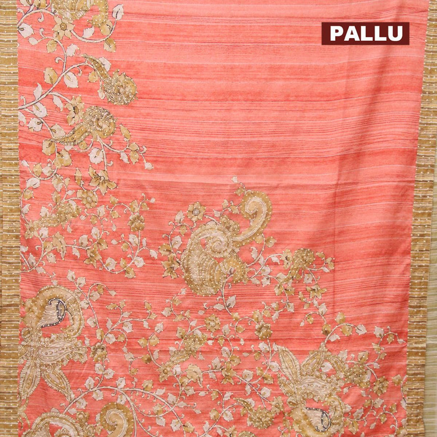 Semi tussar saree peach orange and elaichi green with kalamkari prints & french knot work and simple border - {{ collection.title }} by Prashanti Sarees