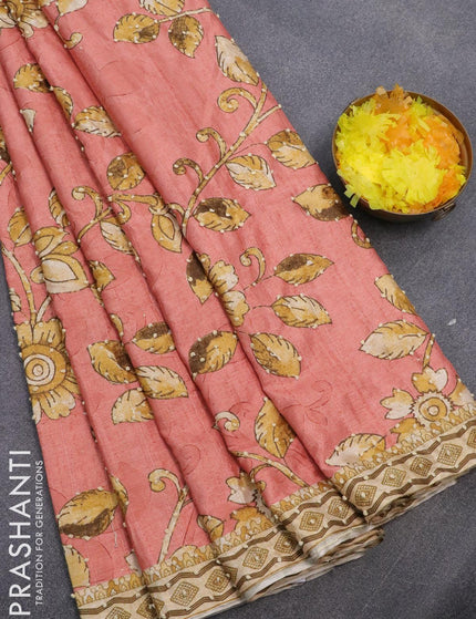 Semi tussar saree peach orange and sandal with kalamkari prints & french knot work and printed border - {{ collection.title }} by Prashanti Sarees