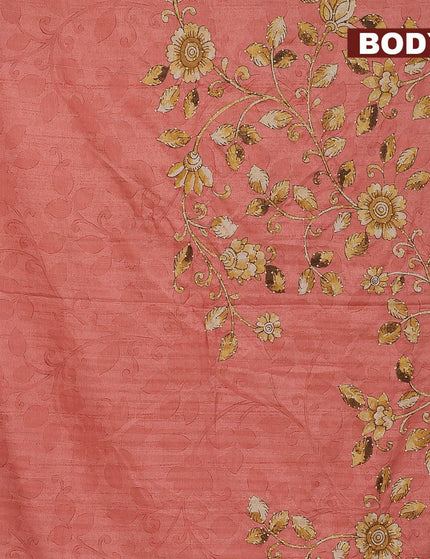 Semi tussar saree peach orange and sandal with kalamkari prints & french knot work and printed border - {{ collection.title }} by Prashanti Sarees