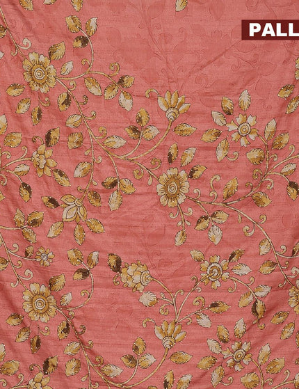 Semi tussar saree peach orange and sandal with kalamkari prints & french knot work and printed border - {{ collection.title }} by Prashanti Sarees