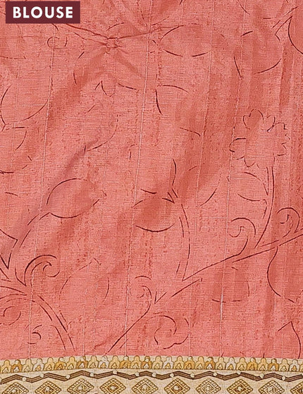 Semi tussar saree peach orange and sandal with kalamkari prints & french knot work and printed border - {{ collection.title }} by Prashanti Sarees