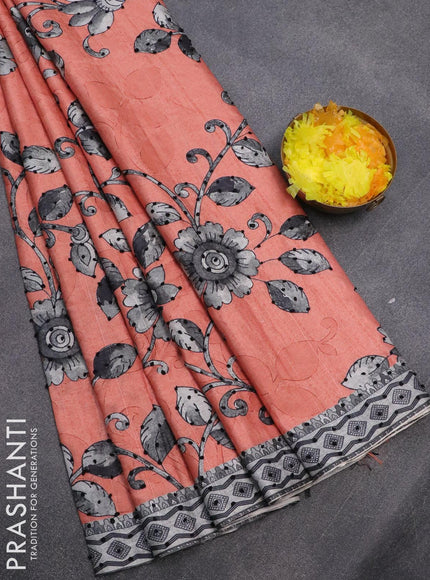 Semi tussar saree peach shade and grey with kalamkari prints & french knot work and printed border - {{ collection.title }} by Prashanti Sarees