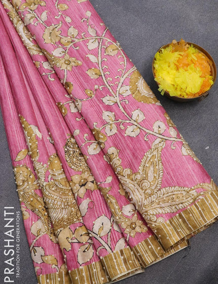 Semi tussar saree pink and elaichi green with kalamkari prints & french knot work and simple border - {{ collection.title }} by Prashanti Sarees