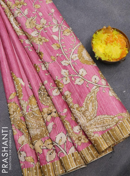 Semi tussar saree pink and elaichi green with kalamkari prints & french knot work and simple border - {{ collection.title }} by Prashanti Sarees