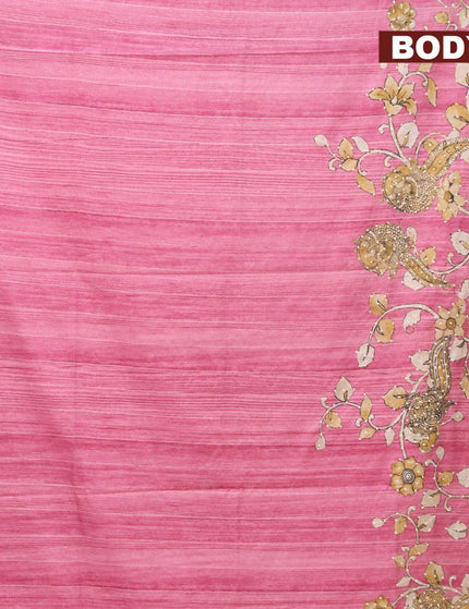 Semi tussar saree pink and elaichi green with kalamkari prints & french knot work and simple border - {{ collection.title }} by Prashanti Sarees