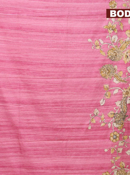 Semi tussar saree pink and elaichi green with kalamkari prints & french knot work and simple border - {{ collection.title }} by Prashanti Sarees