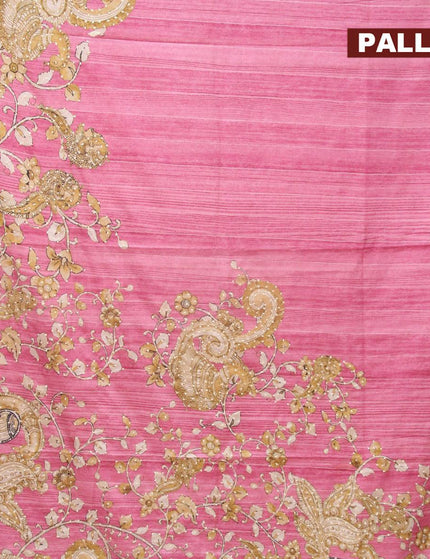 Semi tussar saree pink and elaichi green with kalamkari prints & french knot work and simple border - {{ collection.title }} by Prashanti Sarees