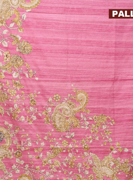 Semi tussar saree pink and elaichi green with kalamkari prints & french knot work and simple border - {{ collection.title }} by Prashanti Sarees