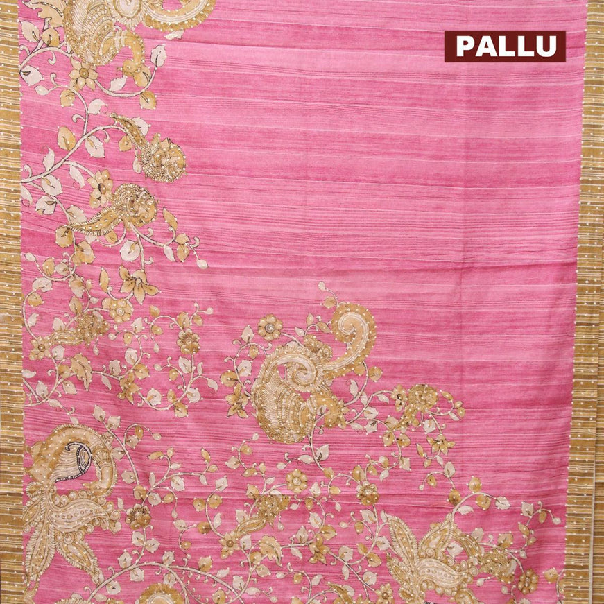 Semi tussar saree pink and elaichi green with kalamkari prints & french knot work and simple border - {{ collection.title }} by Prashanti Sarees