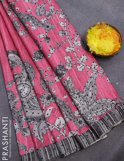 Semi tussar saree pink and grey with kalamkari prints & french knot work and simple border - {{ collection.title }} by Prashanti Sarees