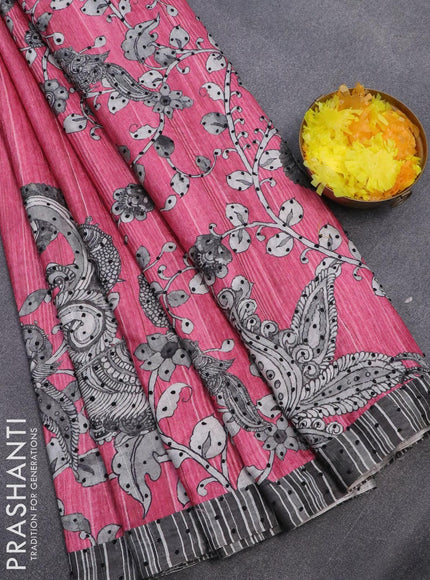 Semi tussar saree pink and grey with kalamkari prints & french knot work and simple border - {{ collection.title }} by Prashanti Sarees