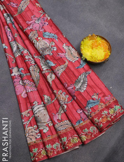 Semi tussar saree pink shade with kalamkari prints & french knot work and printed border - {{ collection.title }} by Prashanti Sarees