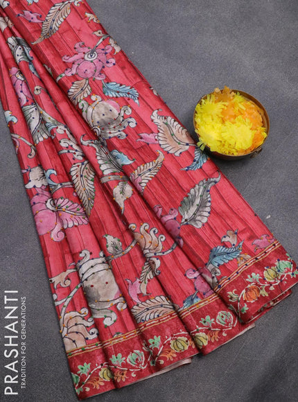 Semi tussar saree pink shade with kalamkari prints & french knot work and printed border - {{ collection.title }} by Prashanti Sarees