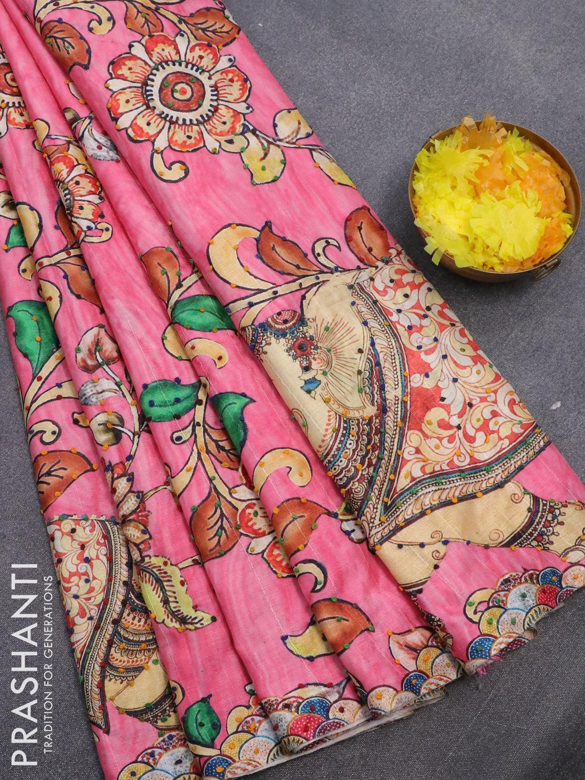 Silk cotton saree green and blue with allover kalamkari prints and zar – Prashanti  Sarees