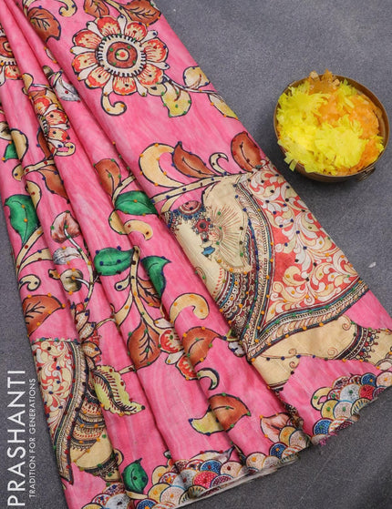 Semi tussar saree pink with kalamkari prints & french knot work and printed border - {{ collection.title }} by Prashanti Sarees