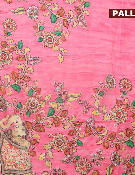 Semi tussar saree pink with kalamkari prints & french knot work and printed border - {{ collection.title }} by Prashanti Sarees