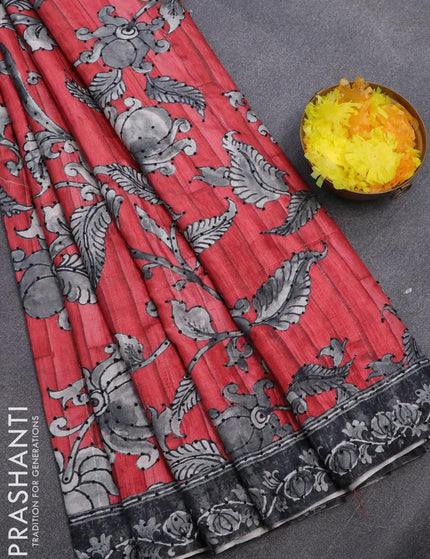 Semi tussar saree red and grey with kalamkari prints & french knot work and printed border - {{ collection.title }} by Prashanti Sarees