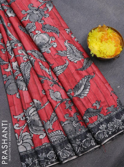 Semi tussar saree red and grey with kalamkari prints & french knot work and printed border - {{ collection.title }} by Prashanti Sarees