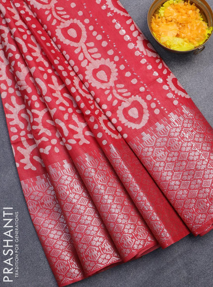 Semi tussar saree red with allover batik prints & sequin work pallu and long silver zari woven border - {{ collection.title }} by Prashanti Sarees