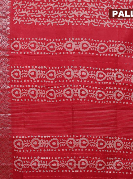 Semi tussar saree red with allover batik prints & sequin work pallu and long silver zari woven border - {{ collection.title }} by Prashanti Sarees