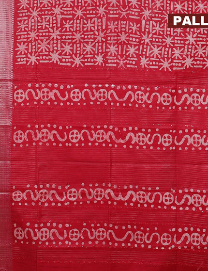 Semi tussar saree red with allover batik prints & sequin work pallu and long silver zari woven border - {{ collection.title }} by Prashanti Sarees