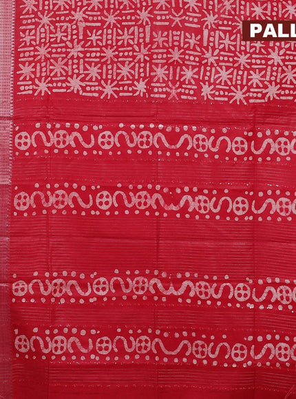 Semi tussar saree red with allover batik prints & sequin work pallu and long silver zari woven border - {{ collection.title }} by Prashanti Sarees