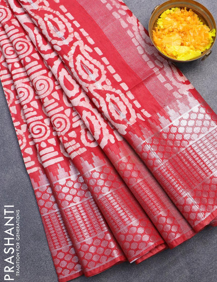 Semi tussar saree red with allover batik prints & sequin work pallu and long temple design silver zari woven border - {{ collection.title }} by Prashanti Sarees