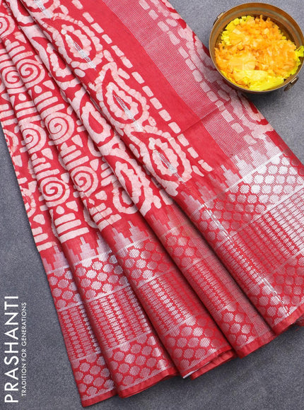 Semi tussar saree red with allover batik prints & sequin work pallu and long temple design silver zari woven border - {{ collection.title }} by Prashanti Sarees