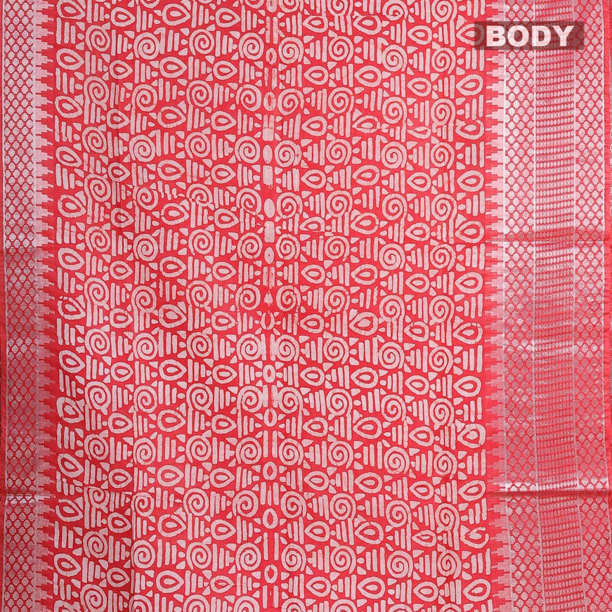 Semi tussar saree red with allover batik prints & sequin work pallu and long temple design silver zari woven border - {{ collection.title }} by Prashanti Sarees