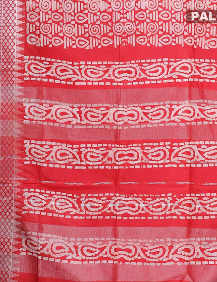 Semi tussar saree red with allover batik prints & sequin work pallu and long temple design silver zari woven border - {{ collection.title }} by Prashanti Sarees