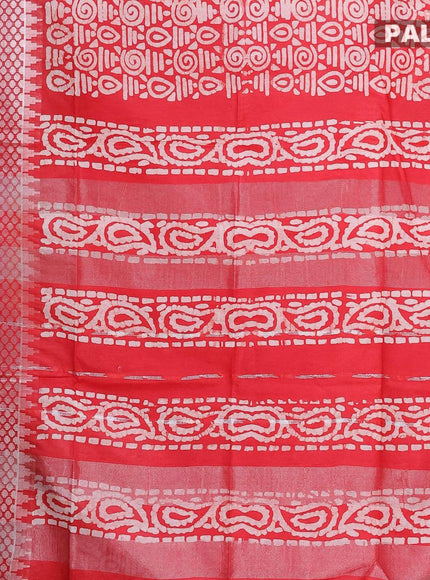 Semi tussar saree red with allover batik prints & sequin work pallu and long temple design silver zari woven border - {{ collection.title }} by Prashanti Sarees