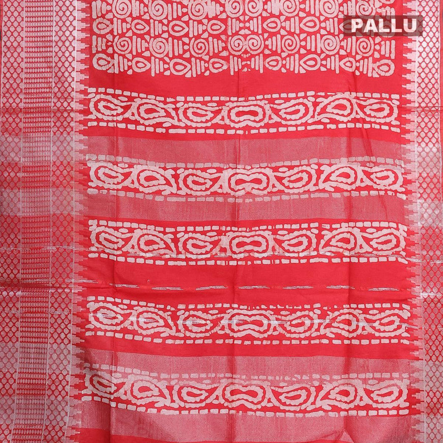 Semi tussar saree red with allover batik prints & sequin work pallu and long temple design silver zari woven border - {{ collection.title }} by Prashanti Sarees