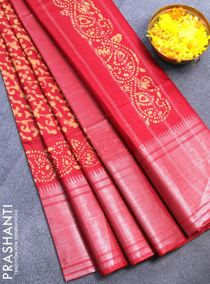 Semi tussar saree red with allover batik prints and silver zari woven kanjivaram style border - {{ collection.title }} by Prashanti Sarees