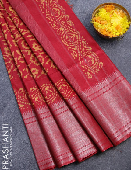 Semi tussar saree red with allover batik prints and silver zari woven kanjivaram style border - {{ collection.title }} by Prashanti Sarees