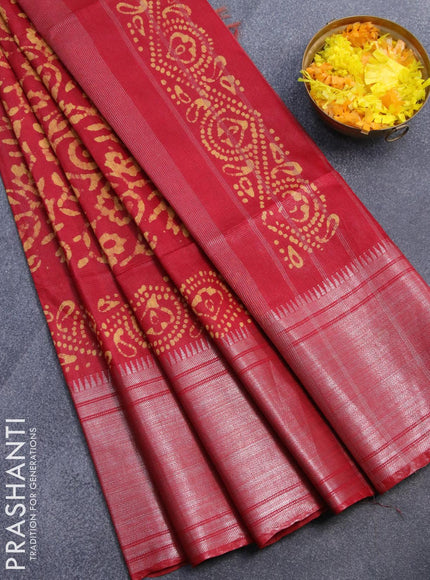 Semi tussar saree red with allover batik prints and silver zari woven kanjivaram style border - {{ collection.title }} by Prashanti Sarees