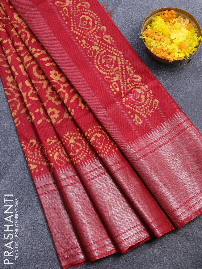 Semi tussar saree red with allover batik prints and silver zari woven kanjivaram style border - {{ collection.title }} by Prashanti Sarees